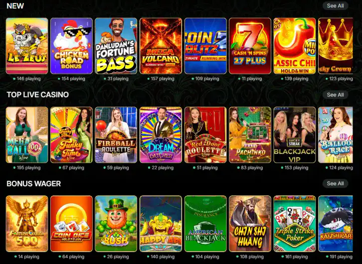 SherLuck Casino game lobby featuring new slots, live casino tables and bonus wager games